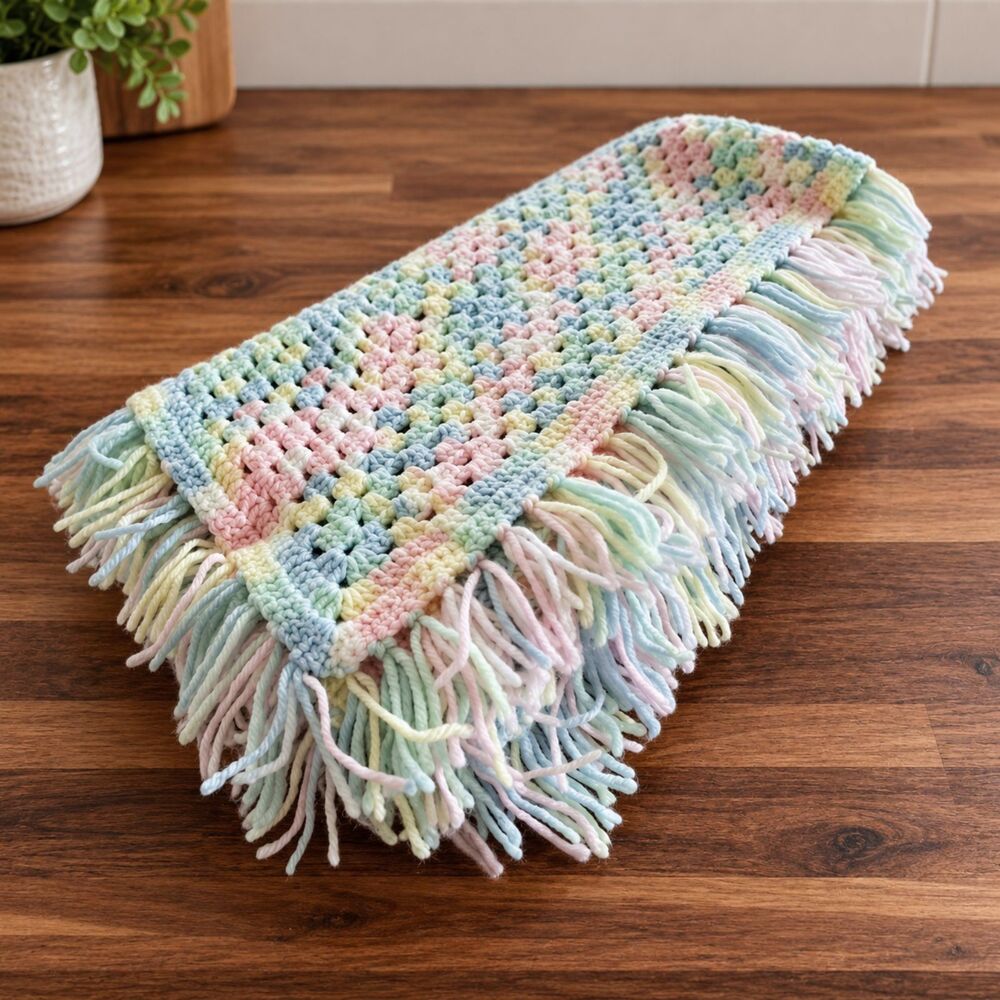 Handmade Crochet Granny Square Baby Blanket 32x32 Pastel Fringe Afghan Throw